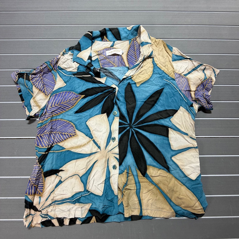 Jams World Tropical Leaf Print Button Down Shirt Blue Tan XL Short Sleeve